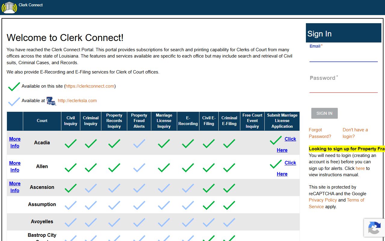 Acadia Parish County court records Clerk Connect portal