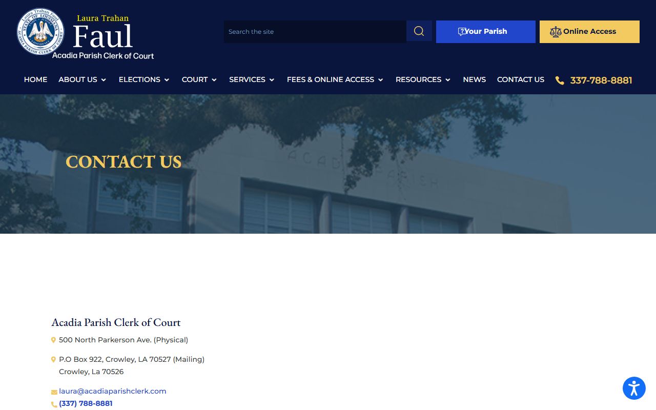 Acadia Parish County court records Clerk contact page