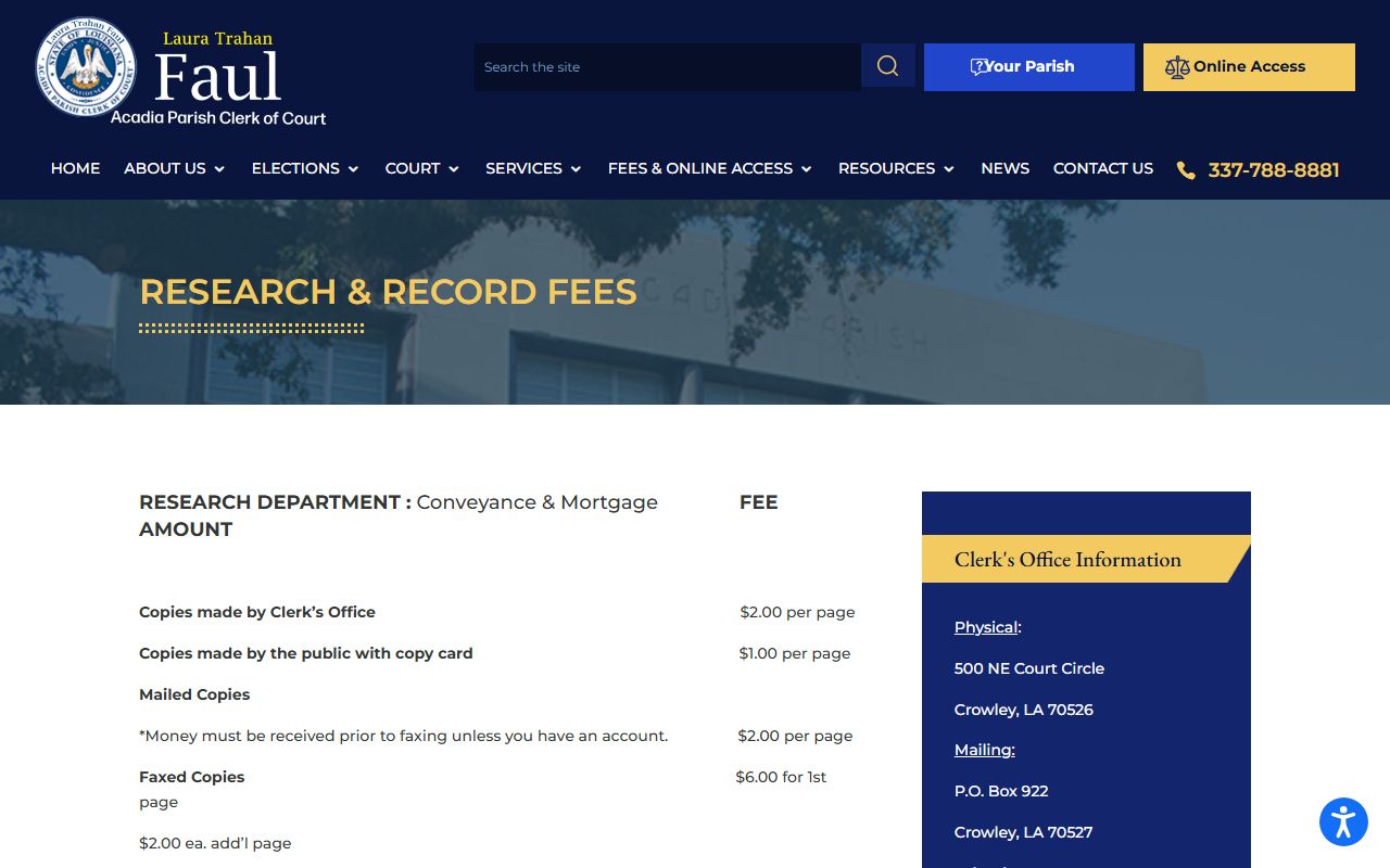 Acadia Parish County court records copy and research fees