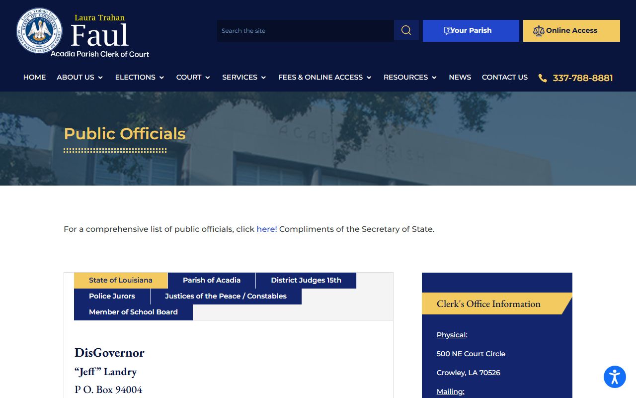 Acadia Parish County court records public officials list