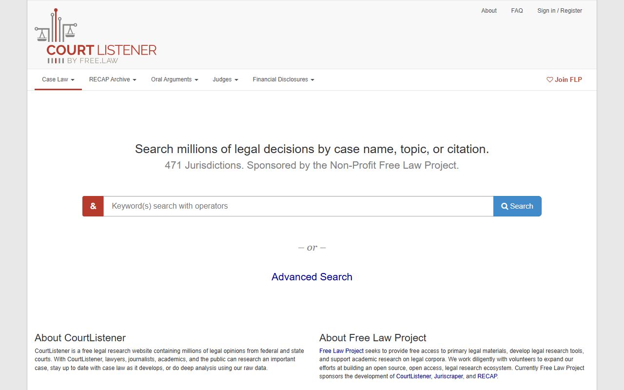 Acadia Parish probate records page showing CourtListener as a non-custodian research tool