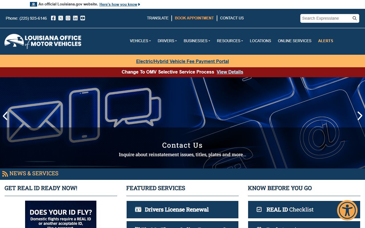 Acadia Parish probate records page showing Louisiana OMV ExpressLane as a separate state portal